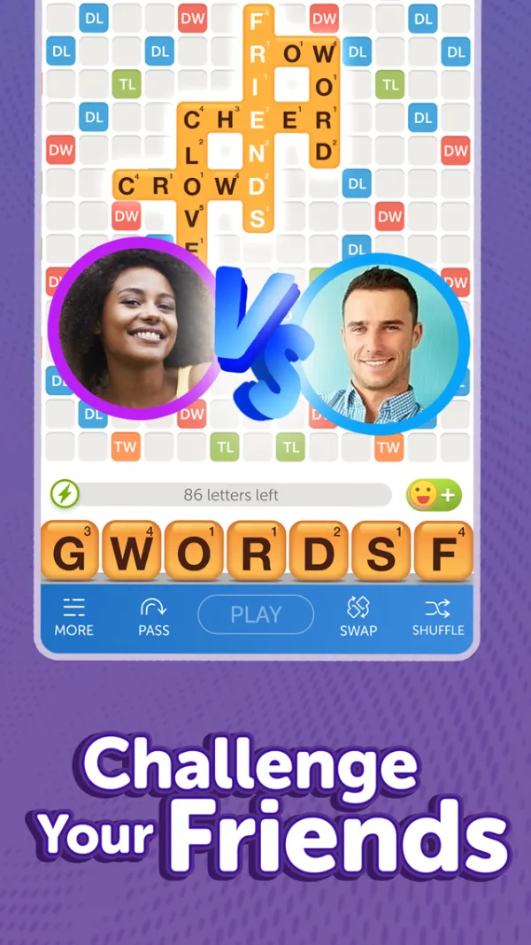 A Words With Friends 2 board with tiles played across coloured bonus squares